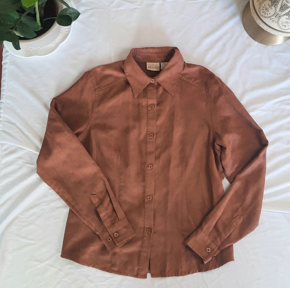 St Johns Bay Faux Suede Button Down Top Western Cowgirl Minimal Classic